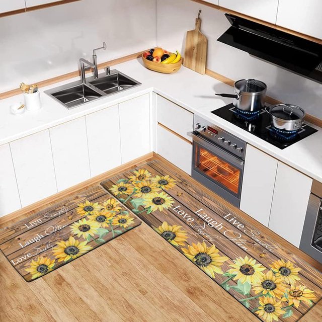 Kitchen Rug and Runner Set of 2, Yamaziot Sunflower Rugs for Kitchen Floor, Non Slip Waterproof