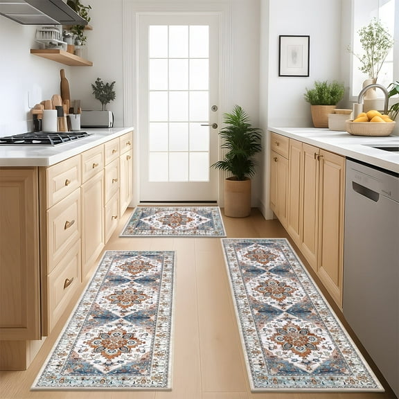 Kitchen Rug and Mat, Yamaziot Boho Kitchen Rug Set of 3, Non Slip Washable Farmhouse Floor Mat Hallway Runner, Laundry Room Carpet