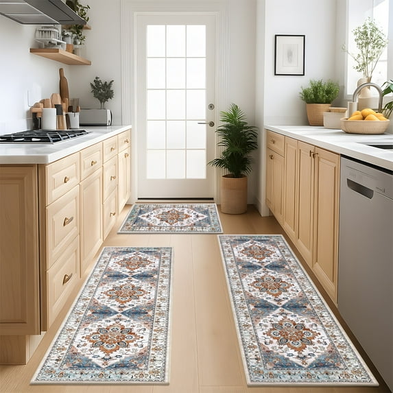 Kitchen Rug and Runner Set of 3, Yamaziot Kitchen Floor Mat Carpet, Washable Non Slip Runner Rugs, Boho Vintage Farmhouse Hallway Runners Doormat