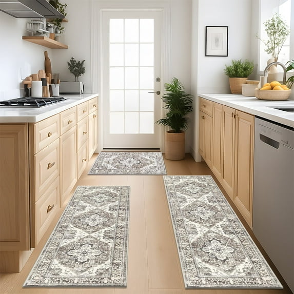 Kitchen Rug and Mat, Yamaziot Boho Kitchen Rug Set of 3, Non Slip Washable Farmhouse Floor Mat Hallway Runner, Laundry Room Carpet