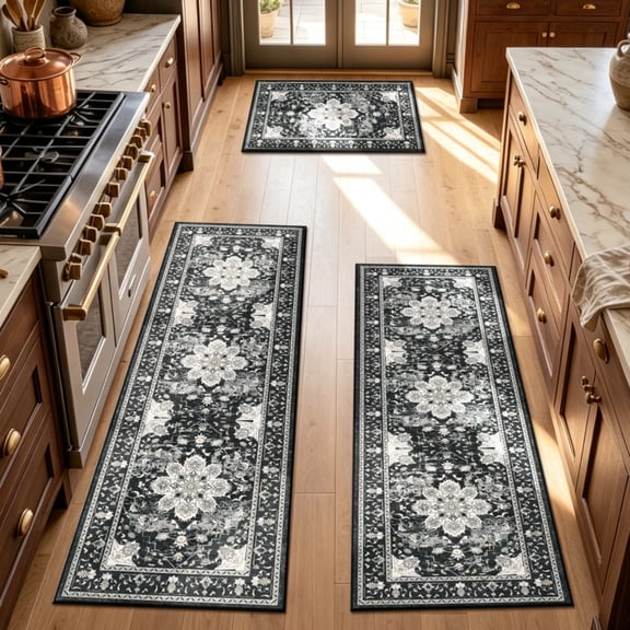 Kitchen Rug and Mat, Yamaziot Boho Kitchen Rug Set of 3, Non Slip Washable Farmhouse Floor Mat Hallway Runner, Laundry Room Carpet