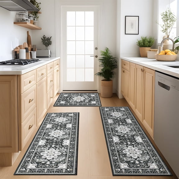 Kitchen Rug and Mat, Yamaziot Boho Kitchen Rug Set of 3, Non Slip Washable Farmhouse Floor Mat Hallway Runner, Laundry Room Carpet