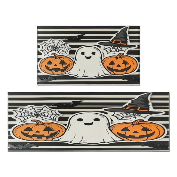 Kitchen Rug Set Of 2 Anti Fatigue Kitchen Mats for Floor,Cute Ghost Bat Pumpkin Halloween Stripe Rug for Kitchen Floor for Bathroom,Room Door (47x17+30x17 Inches)