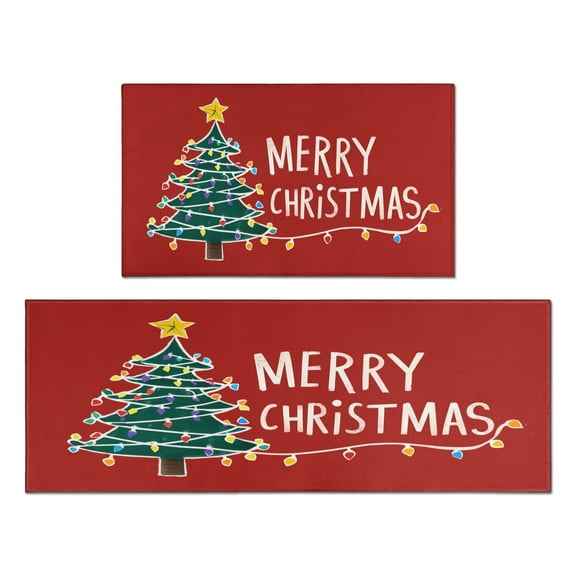 Kitchen Rug Set of 2 Anti Fatigue Kitchen Mats for Floor,Farmhouse Triangle Tree Merry Christmas Kitchen Floor Mats for Bathroom,Room Bath (47x17+30x17in)