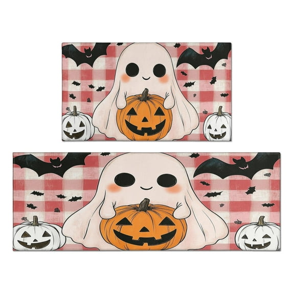 Kitchen Rug Set Of 2 Anti Fatigue Kitchen Mats for Floor,Halloween Horror Pumpkin Spooky Ghost Bat Kitchen Rugs and Mats for Bathroom,Room Cook (47x17+30x17 Inches)