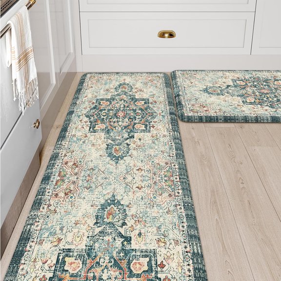 Kitchen Rug Set of 2, Cushioned Kitchen Floor Mats for Sink, Teal Anti Fatigue Waterproof Kitchen Rugs Non Slip, Memory Foam Kitchen Mat for Bar,Standing,Laundry,Office