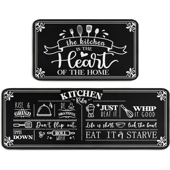 Kitchen Rug Set of 2, Kitchen Utensil Non-Slip Washable Mat, Black Farmhouse Kitchen Decor Anti-Fatigue Rug for Kitchen Sink Laundry Room, 17x30+17x47 Inch