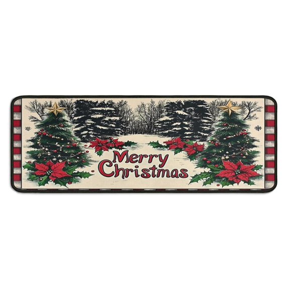 Kitchen Rug Set of 2 Non Skid Christmas Kitchen Mats for Floor,Merry Christmas Farmhouse Forest Triangle Tree Kitchen Rugs and Mats for Bathroom,Room Cooking (47x17+30x17 Inches)