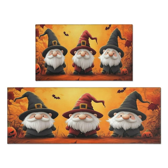 Kitchen Rug Set Of 2 Non Skid Kitchen Mats for Floor,Gnomes Short Happy Halloween Kitchen Rugs and Mats for Bathroom,Room Bedroom (47x17+30x17 Inches)