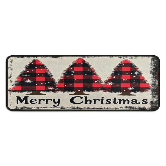 Kitchen Rug Set of 2 Non Slip Christmas Kitchen Mats for Floor,Merry Christmas Red Buffalo Plaid Tree Kitchen Floor Mats for Bathroom,Room Door (47x17+30x17 Inches)