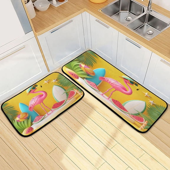 Kitchen Rug Set 2 Pieces Non Slip Kitchen Mat for Kitchen Home Floor Sink 47"x19"+27"x19" A Pink Flamingo