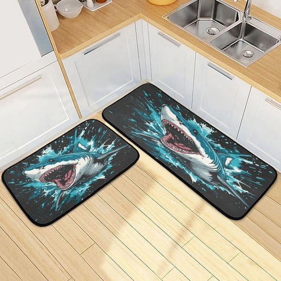 Kitchen Rug Set 2 Pieces Non Slip Kitchen Mat for Kitchen Home Floor Sink 47"x19"+27"x19" Aggressive Blue Shark