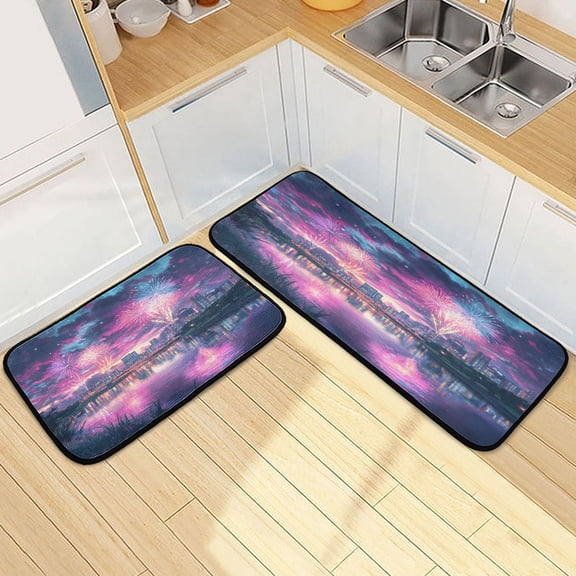Kitchen Rug Set 2 Pieces Non Slip Kitchen Mat for Kitchen Home Floor Sink 47"x19"+27"x19" Beautiful River with Fireworks