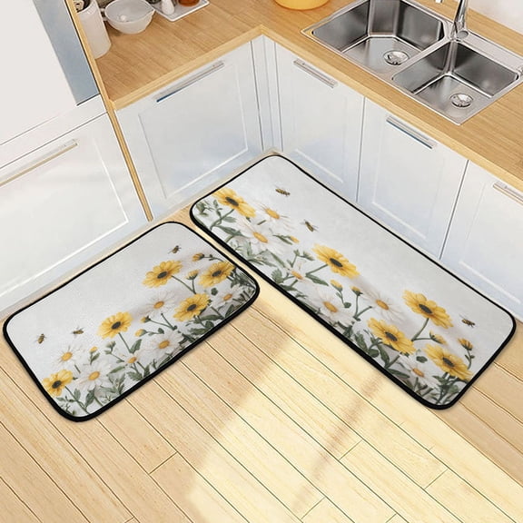 Kitchen Rug Set 2 Pieces Non Slip Kitchen Mat for Kitchen Home Floor Sink 47"x19"+27"x19" Bees Flying with Daisies
