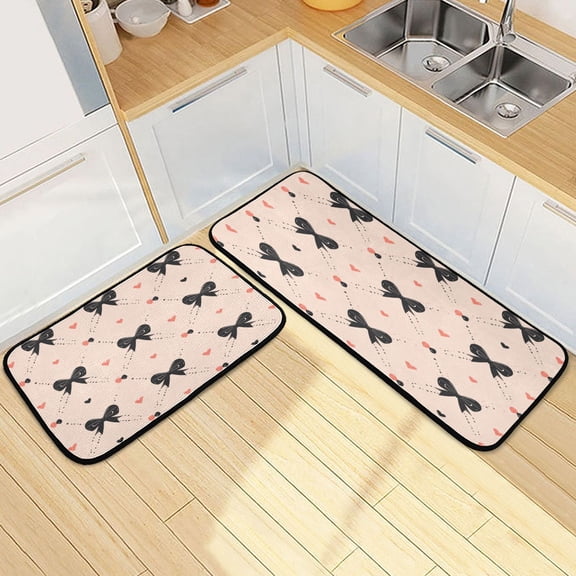 Kitchen Rug Set 2 Pieces Non Slip Kitchen Mat for Kitchen Home Floor Sink 47"x19"+27"x19" Black Bows Pattern