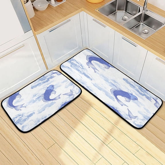 Kitchen Rug Set 2 Pieces Non Slip Kitchen Mat for Kitchen Home Floor Sink 47"x19"+27"x19" Blue Koi Fish