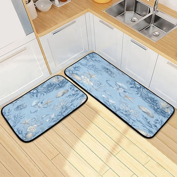 Kitchen Rug Set 2 Pieces Non Slip Kitchen Mat for Kitchen Home Floor Sink 47"x19"+27"x19" Blue Oceanic Scene