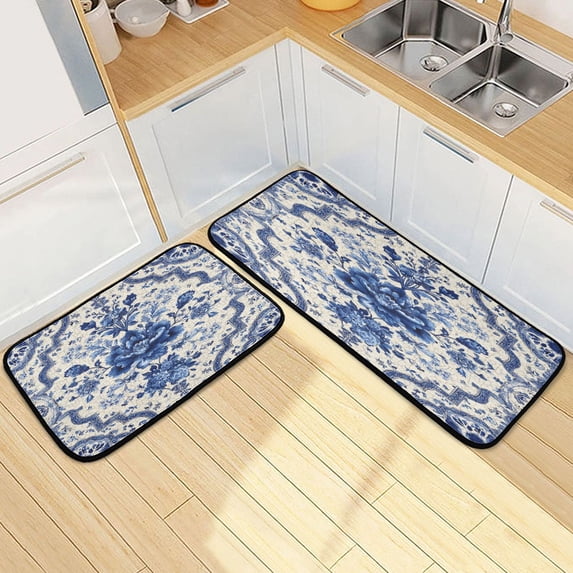 Kitchen Rug Set 2 Pieces Non Slip Kitchen Mat for Kitchen Home Floor Sink 47"x19"+27"x19" Blue and White Porcelain-style
