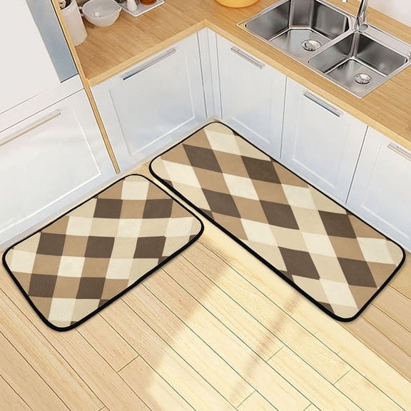 Kitchen Rug Set 2 Pieces Non Slip Kitchen Mat for Kitchen Home Floor Sink 47"x19"+27"x19" Brown and Beige Check