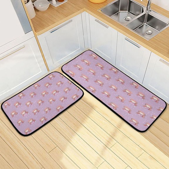 Kitchen Rug Set 2 Pieces Non Slip Kitchen Mat for Kitchen Home Floor Sink 47"x19"+27"x19" Cartoon Mermaid Pattern