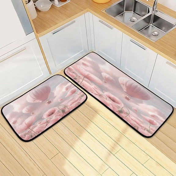 Kitchen Rug Set 2 Pieces Non Slip Kitchen Mat for Kitchen Home Floor Sink 47"x19"+27"x19" Clouds and Hot Air Balloons