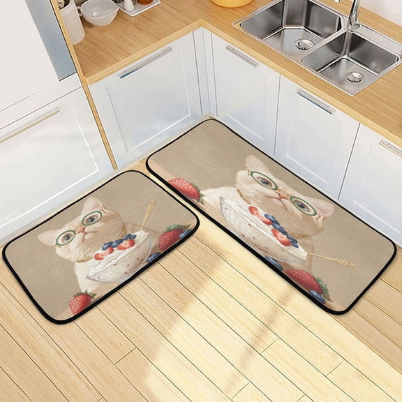 Kitchen Rug Set 2 Pieces Non Slip Kitchen Mat for Kitchen Home Floor Sink 47"x19"+27"x19" Cream-colored Cat