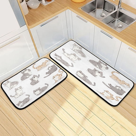 Kitchen Rug Set 2 Pieces Non Slip Kitchen Mat for Kitchen Home Floor Sink 47"x19"+27"x19" Cute Cat Characters