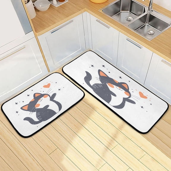 Kitchen Rug Set 2 Pieces Non Slip Kitchen Mat for Kitchen Home Floor Sink 47"x19"+27"x19" Cute Cat with Eyes Closed