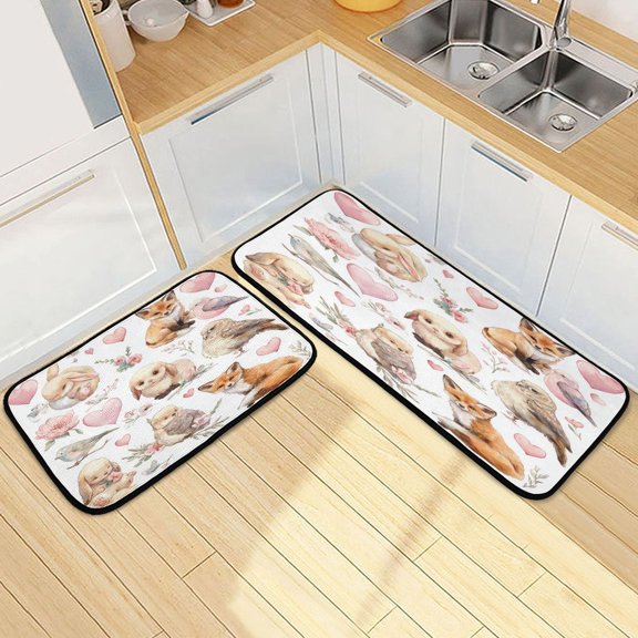 Kitchen Rug Set 2 Pieces Non Slip Kitchen Mat for Kitchen Home Floor Sink 47"x19"+27"x19" Cute Collection Of Animals