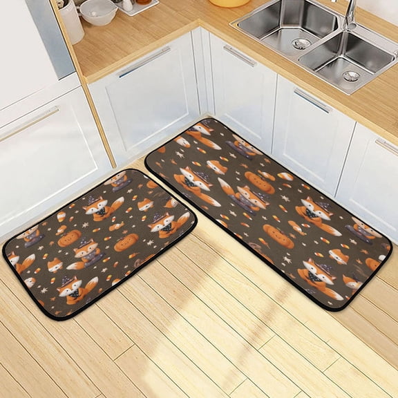 Kitchen Rug Set 2 Pieces Non Slip Kitchen Mat for Kitchen Home Floor Sink 47"x19"+27"x19" Cute Foxes in Cute Costumes