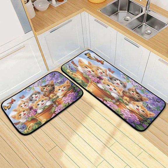 Kitchen Rug Set 2 Pieces Non Slip Kitchen Mat for Kitchen Home Floor Sink 47"x19"+27"x19" Cute Smiling Kitten