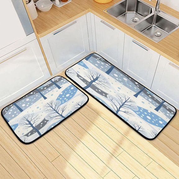 Kitchen Rug Set 2 Pieces Non Slip Kitchen Mat for Kitchen Home Floor Sink 47"x19"+27"x19" Cute Snowy Pine Trees