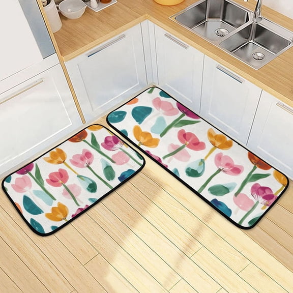 Kitchen Rug Set 2 Pieces Non Slip Kitchen Mat for Kitchen Home Floor Sink 47"x19"+27"x19" Cute Watercolor Tulips