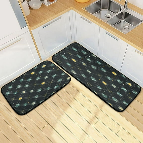 Kitchen Rug Set 2 Pieces Non Slip Kitchen Mat for Kitchen Home Floor Sink 47"x19"+27"x19" Dark Green and Black Lattice