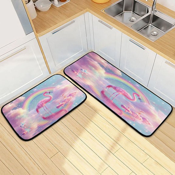 Kitchen Rug Set 2 Pieces Non Slip Kitchen Mat for Kitchen Home Floor Sink 47"x19"+27"x19" Flamingo in The Water