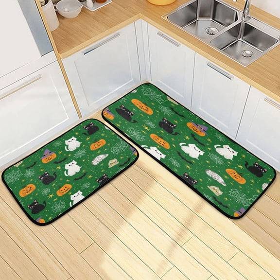 Kitchen Rug Set 2 Pieces Non Slip Kitchen Mat for Kitchen Home Floor Sink 47"x19"+27"x19" Green Background with Cats