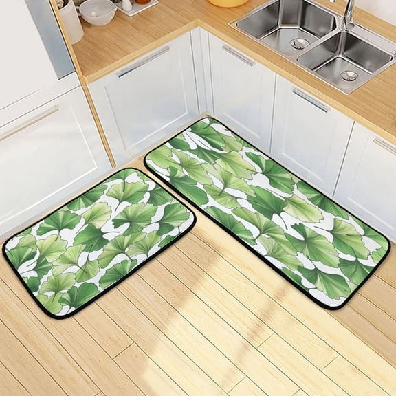 Kitchen Rug Set 2 Pieces Non Slip Kitchen Mat for Kitchen Home Floor Sink 47"x19"+27"x19" Green Ginkgo Biloba