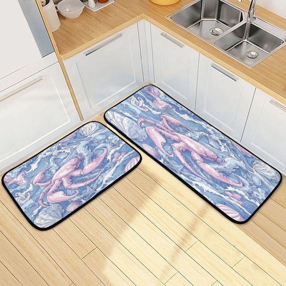 Kitchen Rug Set 2 Pieces Non Slip Kitchen Mat for Kitchen Home Floor Sink 47"x19"+27"x19" Hand-drawn Sea Creatures