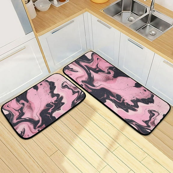 Kitchen Rug Set 2 Pieces Non Slip Kitchen Mat for Kitchen Home Floor Sink 47"x19"+27"x19" Marble Pattern Pink and Black