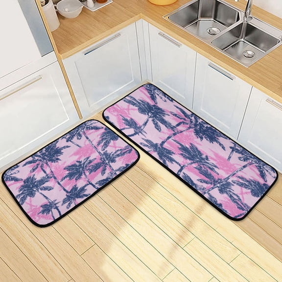 Kitchen Rug Set 2 Pieces Non Slip Kitchen Mat for Kitchen Home Floor Sink 47"x19"+27"x19" Navy Blue Palm Tree
