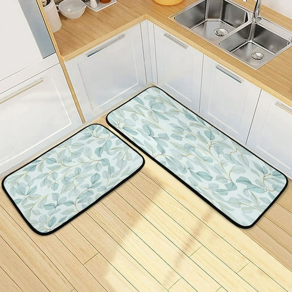 Kitchen Rug Set 2 Pieces Non Slip Kitchen Mat for Kitchen Home Floor Sink 47"x19"+27"x19" Pastel Mint Green Leaves