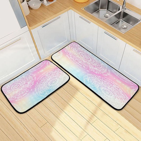 Kitchen Rug Set 2 Pieces Non Slip Kitchen Mat for Kitchen Home Floor Sink 47"x19"+27"x19" Pastel Rainbow Gradient Background