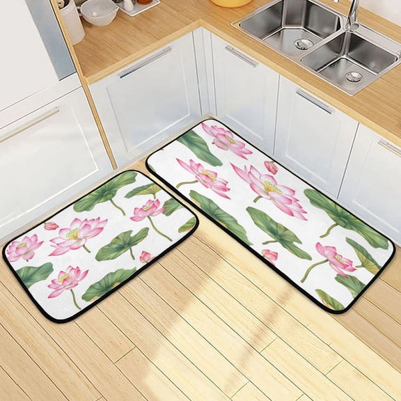 Kitchen Rug Set 2 Pieces Non Slip Kitchen Mat for Kitchen Home Floor Sink 47"x19"+27"x19" Pink Lotus Flowers