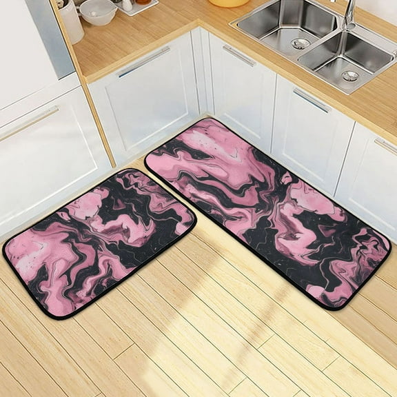 Kitchen Rug Set 2 Pieces Non Slip Kitchen Mat for Kitchen Home Floor Sink 47"x19"+27"x19" Pink and Black Marble Pattern