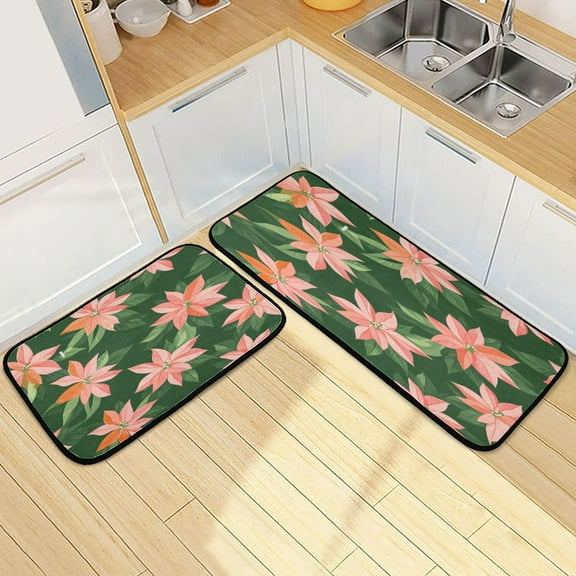 Kitchen Rug Set 2 Pieces Non Slip Kitchen Mat for Kitchen Home Floor Sink 47"x19"+27"x19" Poinsettias Pattern