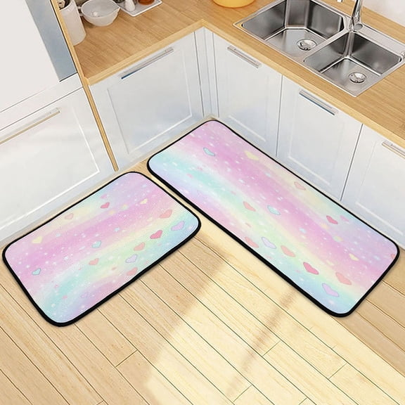 Kitchen Rug Set 2 Pieces Non Slip Kitchen Mat for Kitchen Home Floor Sink 47"x19"+27"x19" Rainbow Hearts and Stars