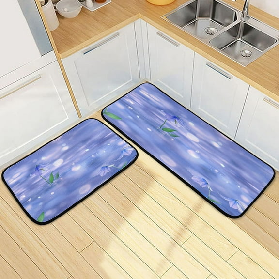 Kitchen Rug Set 2 Pieces Non Slip Kitchen Mat for Kitchen Home Floor Sink 47"x19"+27"x19" Small Bluebells with Green Leaves