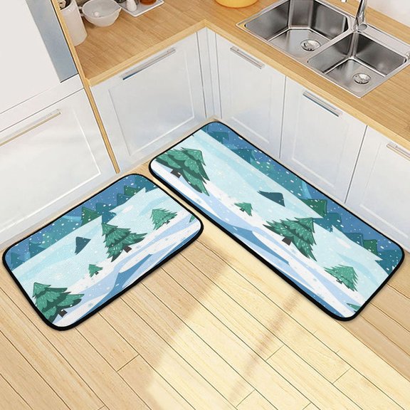 Kitchen Rug Set 2 Pieces Non Slip Kitchen Mat for Kitchen Home Floor Sink 47"x19"+27"x19" Snowy Pine Trees