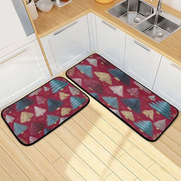 Kitchen Rug Set 2 Pieces Non Slip Kitchen Mat for Kitchen Home Floor Sink 47"x19"+27"x19" Stylized Christmas Trees