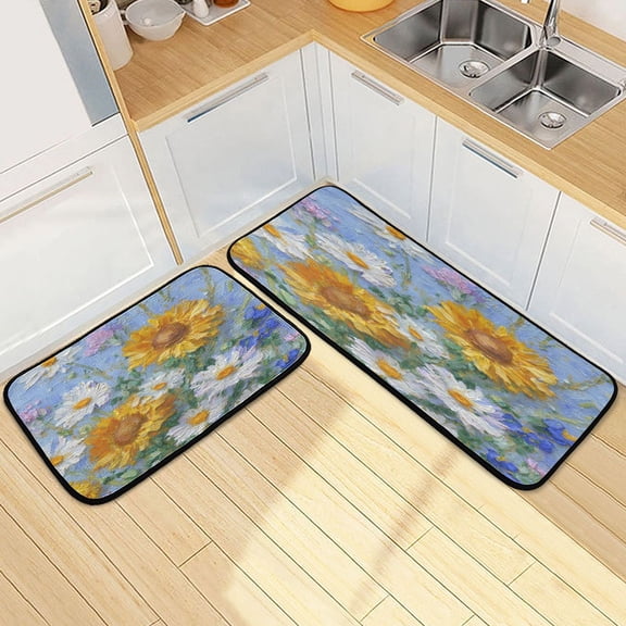 Kitchen Rug Set 2 Pieces Non Slip Kitchen Mat for Kitchen Home Floor Sink 47"x19"+27"x19" Sunflowers and Daisies